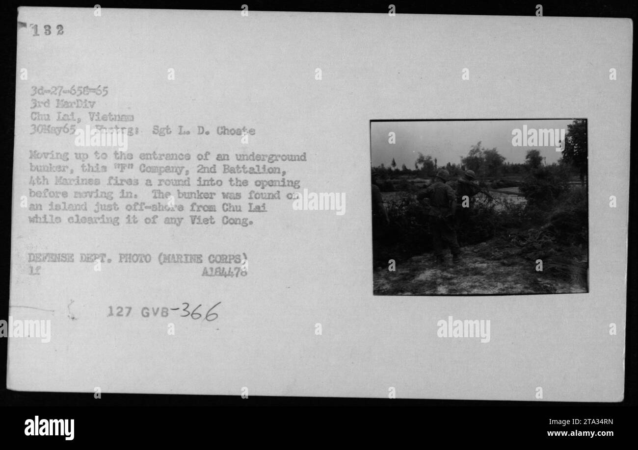 Les Marines AMÉRICAINS de la compagnie 'p', 2e bataillon, 4e Marines approchent d'un bunker souterrain sur une île près de Chu Lai, Vietnam, le 30 mai 1965. Avant d'entrer, ils tirent une balle dans l'ouverture pour la sécurité. La découverte du bunker faisait partie de l'opération visant à nettoyer la zone de présence Viet Cong. Photographie prise par le Sgt L. D. Choate, photo du Département de la Défense. Banque D'Images