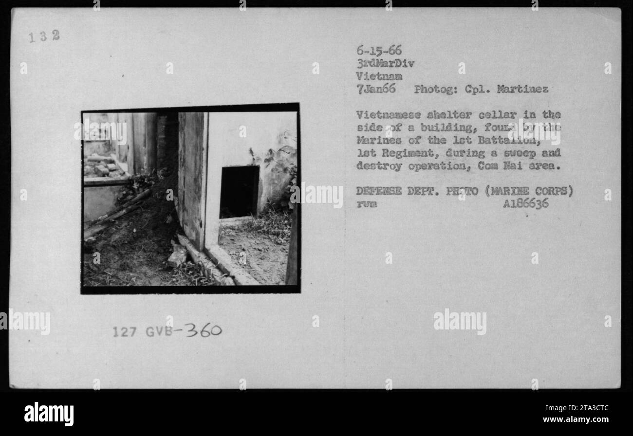 Le 7 janvier 1966, les Marines du 1er Régiment, 3e Division des Marines ont découvert une cave d'abri vietnamienne et une entrée de tunnel à COM Hai lors d'une opération de balayage et de destruction ciblant les positions Viet Cong. Banque D'Images