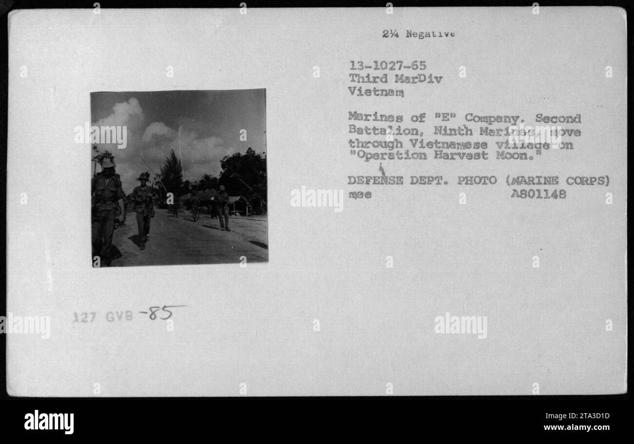 Les Marines de la compagnie 'E', deuxième bataillon, neuvième Marines, se déplacent à travers un village vietnamien pendant 'opération Harvest Moon' en 1965. Cette image a été capturée par le ministère de la Défense dans le cadre de leur documentation sur les activités militaires américaines pendant la guerre du Vietnam. Banque D'Images