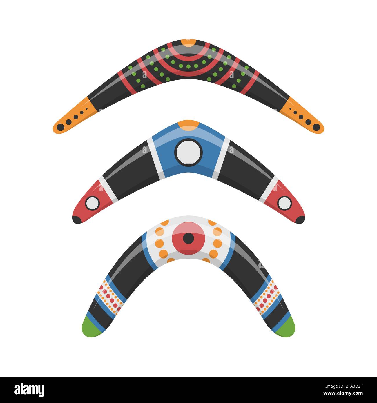 Boomerang traditionnel en bois de différentes formes icônes ensemble isolé sur fond blanc. Arme de chasse et de sport australienne. Bois aborigène Illustration de Vecteur