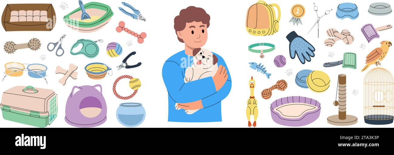 Accessoires pour animaux de compagnie. Ensemble de fournitures pour animaux. Oreiller de couchage, jouet à mâcher, jouets, médaille, ciseaux, coupe-ongles, brosse, décapant de fourrure, aquarium, porte-sac à dos Illustration de Vecteur