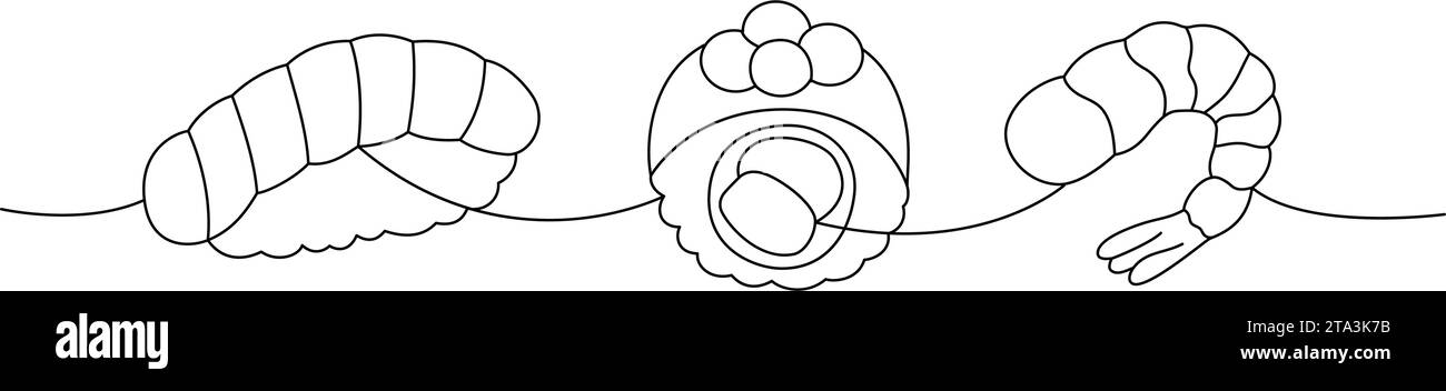 Rouleaux de sushi. Cuisine japonaise, cuisine traditionnelle dessin d'une ligne. Saké nigiri sushi, futomaki, rouleau de philadelphie, crevettes fraîches illustration d'une ligne. Illustration de Vecteur