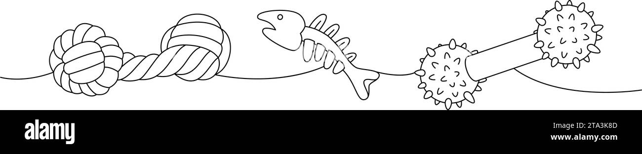 Kit de fournitures pour animaux de compagnie. Jouet à mâcher pour chien, squelette d'arête de poisson, illustration continue d'une ligne de remorqueur pour chien. Illustration linéaire vectorielle. Illustration de Vecteur