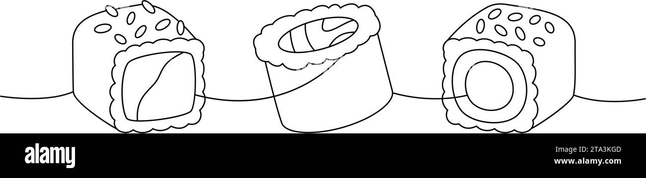 Collection d'aliments à sushi. Cuisine japonaise, cuisine traditionnelle dessin d'une ligne. Rouleau de thon Tekkamaki, futomaki illustration continue d'une ligne. Illustration de Vecteur