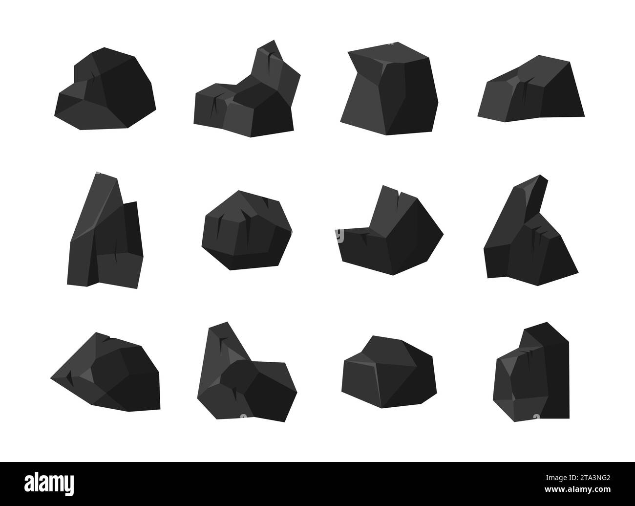 Un ensemble de morceaux de charbon noir de pierre fossile de diverses formes avec différents éclairages de la surface. Charbon isolé sur fond blanc. Illustration de Vecteur