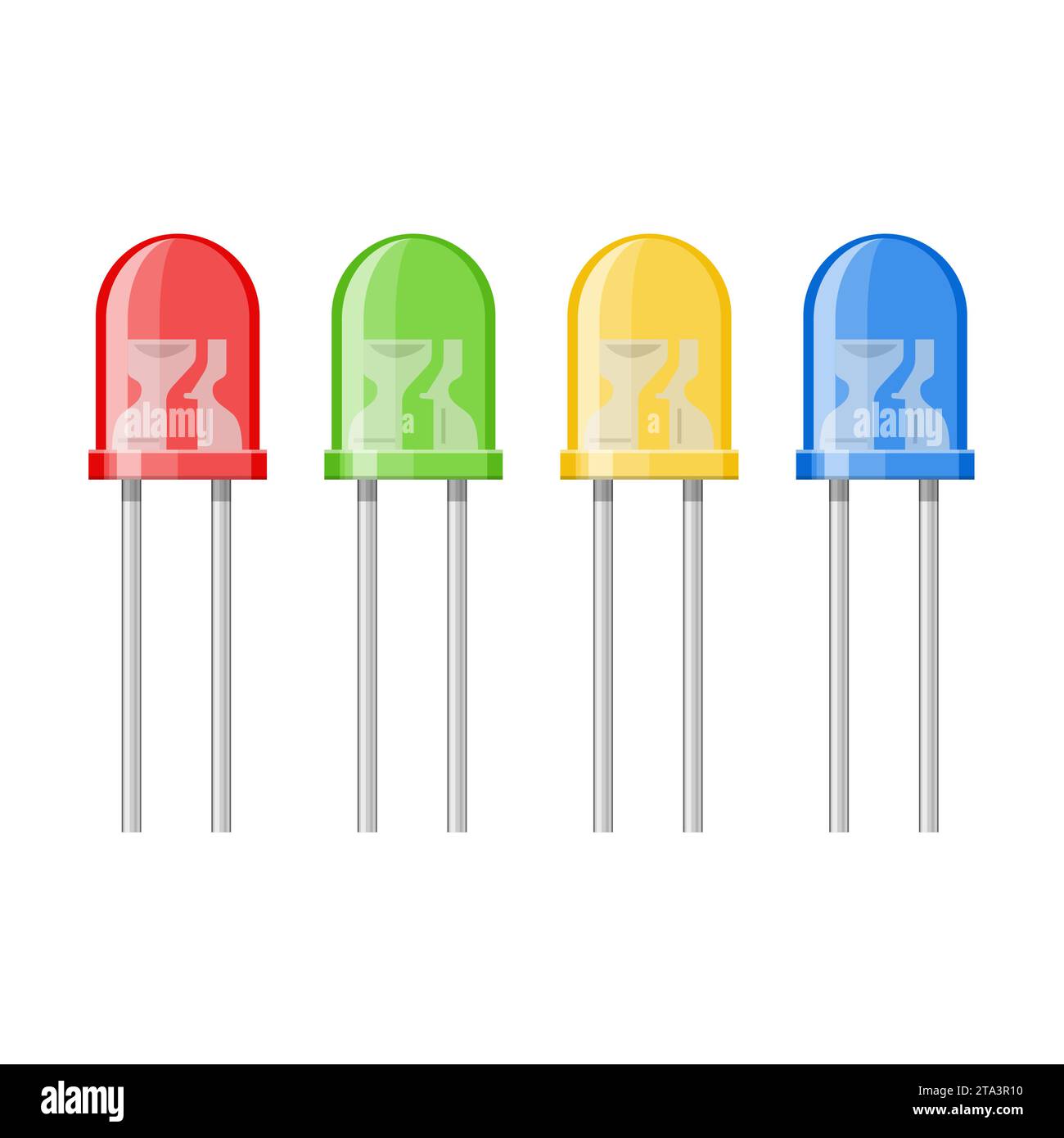 Ensemble de diodes électroluminescentes isolées sur fond blanc. Eléments illuminés colorés, dispositif semi-conducteur. Composant électrique d'ampoule À LED. Illustration de Vecteur