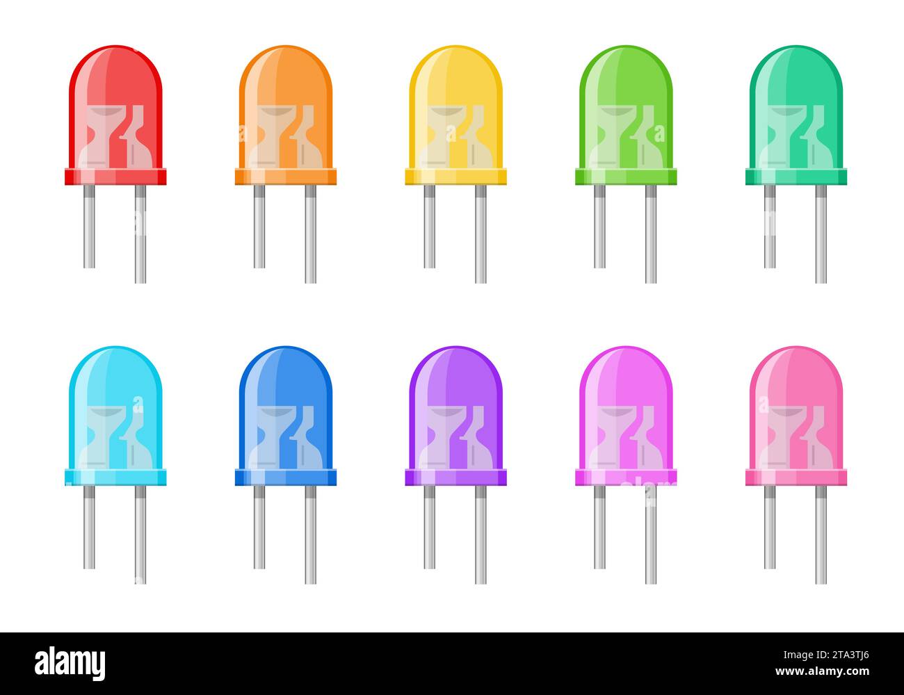 Ensemble de diodes électroluminescentes isolées sur fond blanc. Eléments illuminés colorés, dispositif semi-conducteur. Composant électrique d'ampoule À LED Illustration de Vecteur