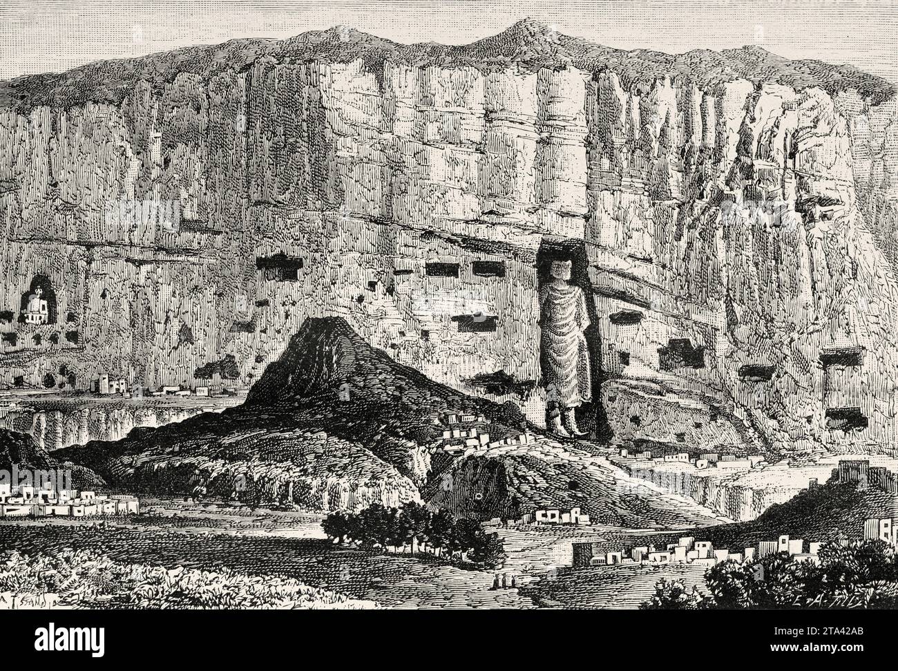 Les Bouddhas de Bamiyan, statues monumentales du 6e siècle sculptées sur le flanc d'une falaise dans la vallée de Bamyan, au centre de l'Afghanistan. Illustration ancienne de la nature 1887 Banque D'Images