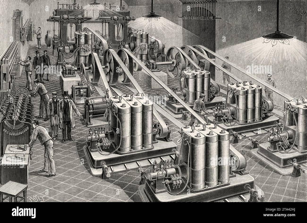 Générateurs de dynamos Edison de 500 et 1000 lampes installés dans les grottes de l'Opéra de Paris, France. Illustration ancienne de Louis Poyet (1846-1913) tirée de la nature 1887 Banque D'Images