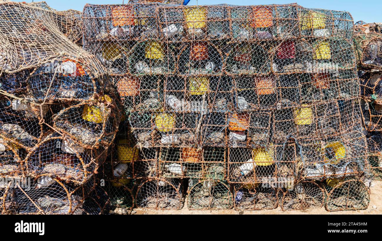 Crevettes et pièges à crevettes au port de pêche d'Essaouira, Maroc. Les pêcheurs placent stratégiquement les pièges à crevettes sur le fond de l'océan, les appâtant souvent Banque D'Images