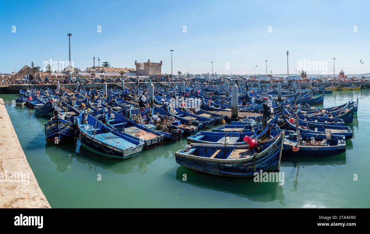 Essaouira, Maroc - 17 septembre 2022 : bateaux de pêche traditionnels bleus amarrés dans le port d'Essaouira. Les bateaux de pêche bordent le port, apportant la journée Banque D'Images