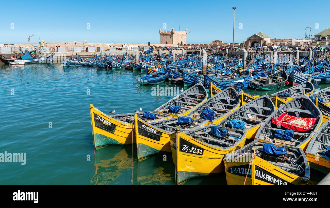 Essaouira, Maroc - 17 septembre 2022 : bateaux de pêche traditionnels amarrés dans le port d'Essaouira. Les bateaux de pêche bordent le port, apportant dans la journée ca Banque D'Images