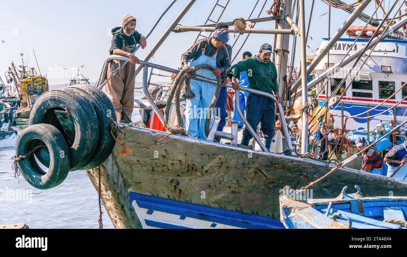 Essaouira, Maroc - 17 septembre 2022 : pêcheurs sur un bateau de pêche bleu traditionnel revenant de voile et apportant les prises de la journée au port d'es Banque D'Images