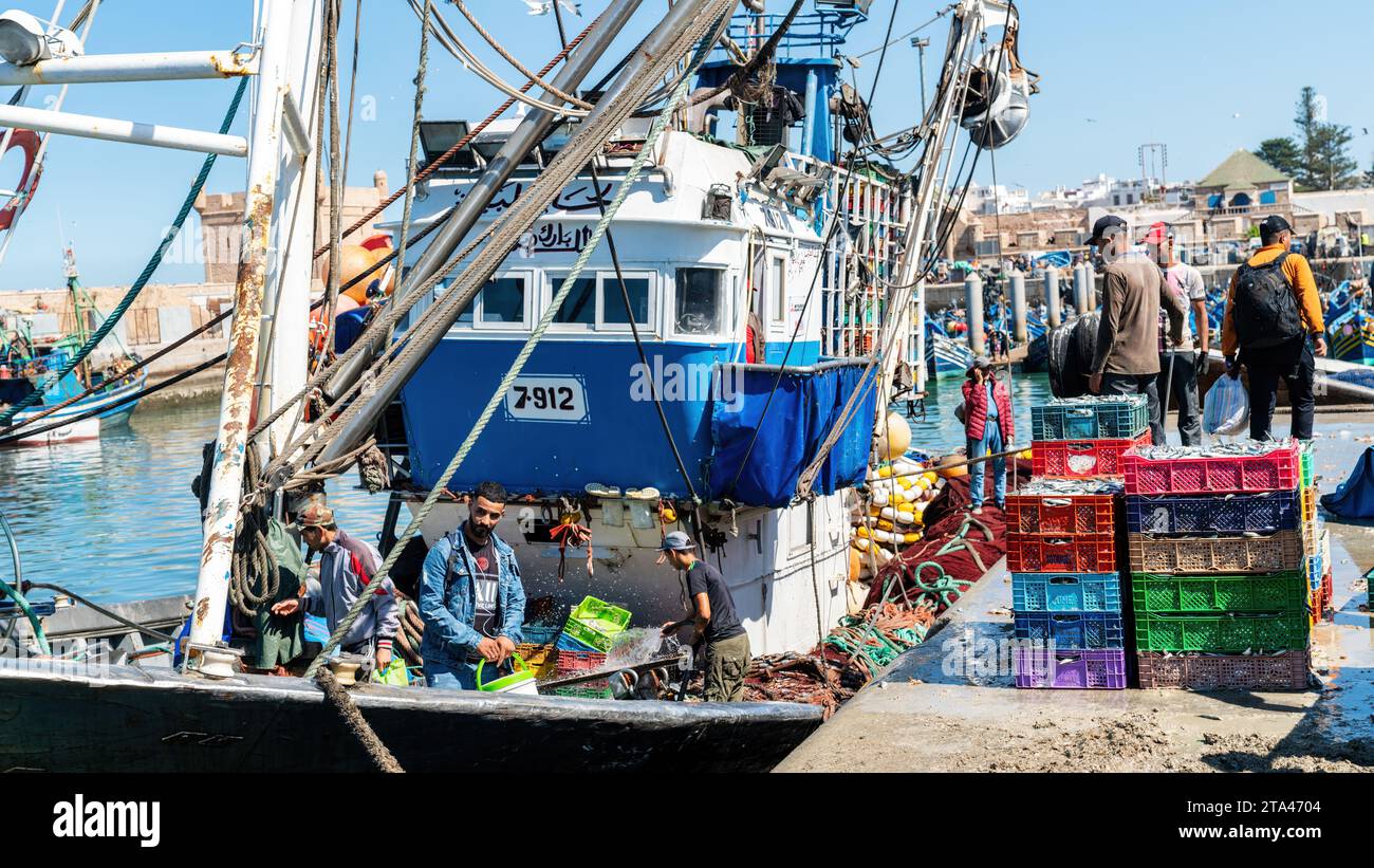 Essaouira, Maroc - 17 septembre 2022 : pêcheurs sur un bateau de pêche bleu traditionnel revenant de voile et apportant les prises de la journée au port d'es Banque D'Images