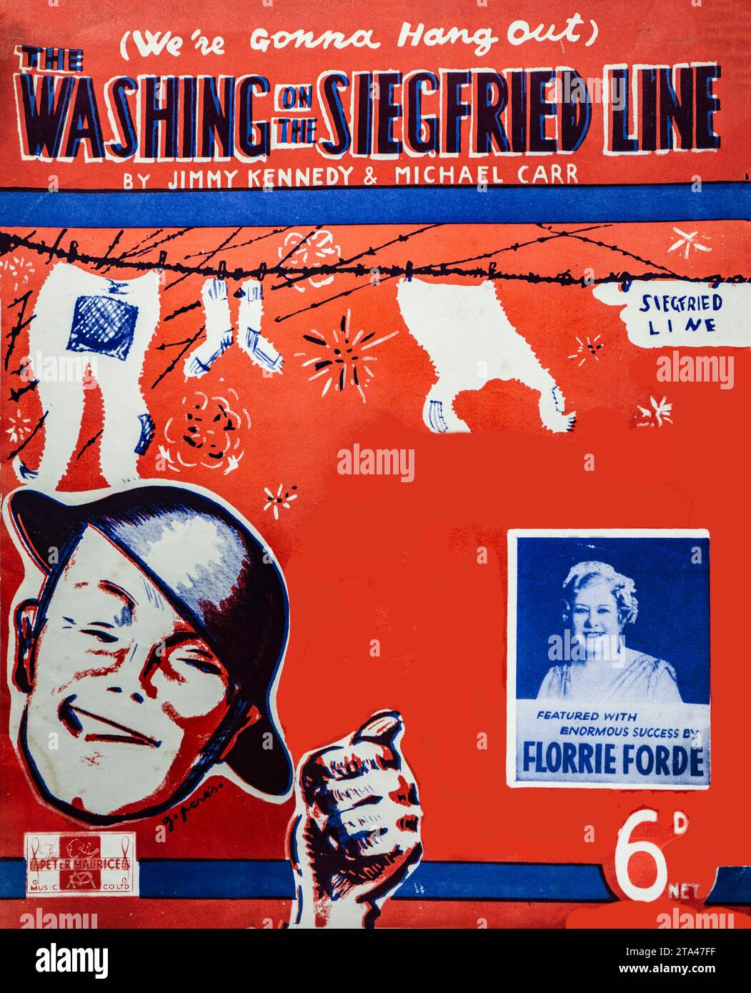 Whimsical Vintage partition - 'The Washing on the Siegfried Line'. Couverture de partition colorée des années 1940 avec caricatures et images de blanchisserie. Banque D'Images