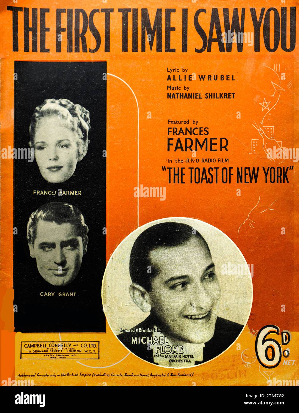 Pochette de partition pour la première fois I Saw You, paroles de allie Wrubel et musique de Nathaniel Shilkret, publiée par Campbell, Connelly & Co. Ltd., Londres, 1937. En vedette dans le film de RKO Radio The Toast of New York, la couverture montre des portraits de Frances Farmer et Cary Grant, aux côtés du chef d'orchestre Michael Flome. Le design lumineux reflète le lien fort entre le cinéma hollywoodien et la musique populaire dans les années 1930, car les chansons ont été promues à l'échelle internationale par des éditions de partitions. Banque D'Images