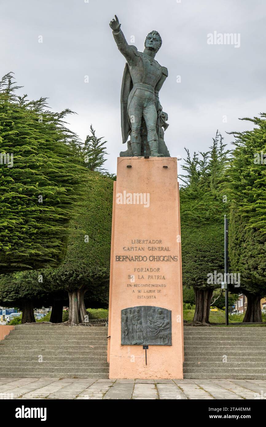 Statue de Bernado O'Higgins, à Punta Arenas, Chili. Banque D'Images
