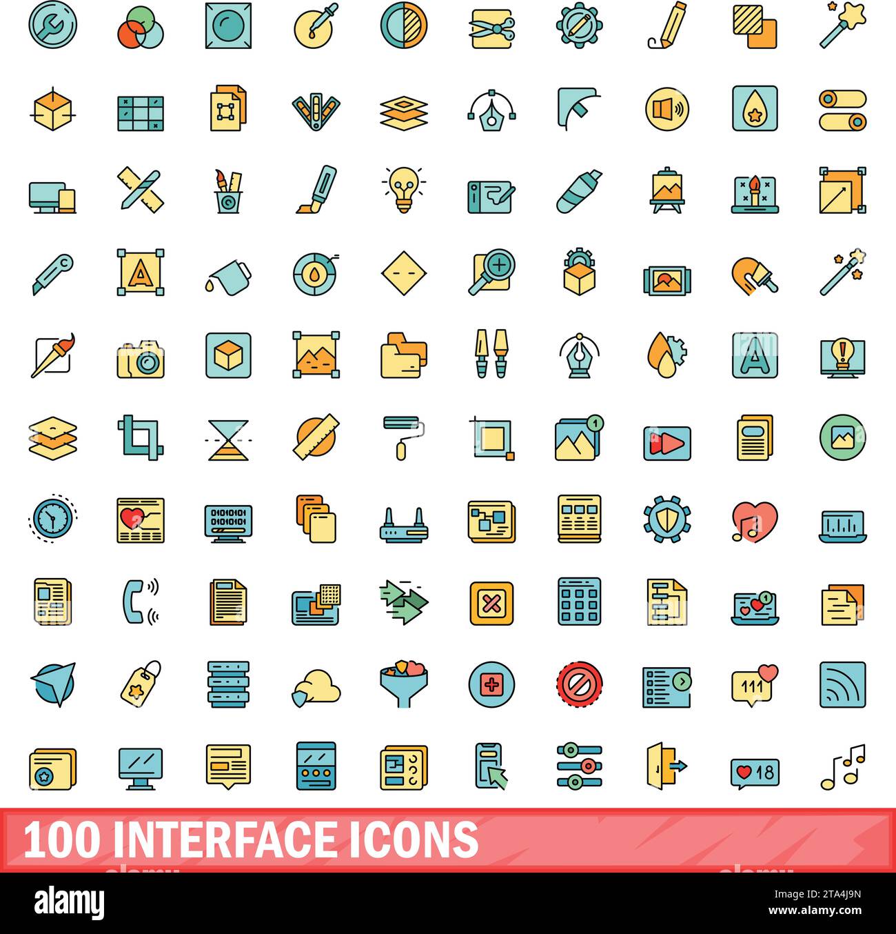 100 icônes d'interface définies. Ligne de couleur jeu d'icônes de vecteur d'interface couleur de ligne mince plat sur blanc Illustration de Vecteur
