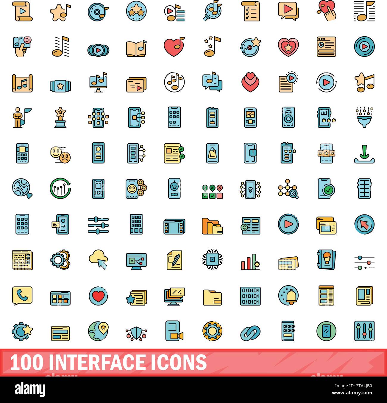 100 icônes d'interface définies. Ligne de couleur jeu d'icônes de vecteur d'interface couleur de ligne mince plat sur blanc Illustration de Vecteur
