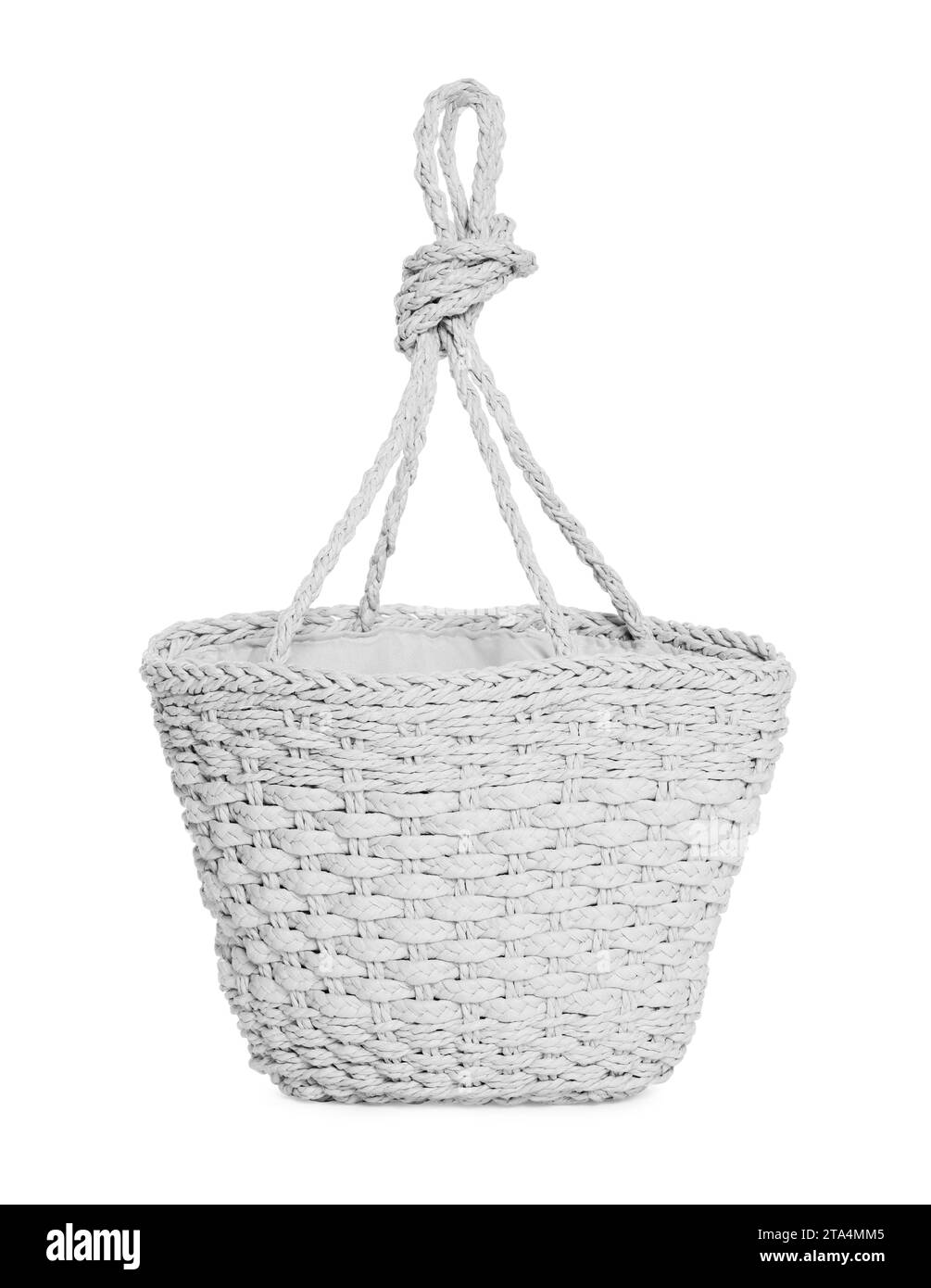 Sac de plage élégant en osier isolé sur blanc Banque D'Images