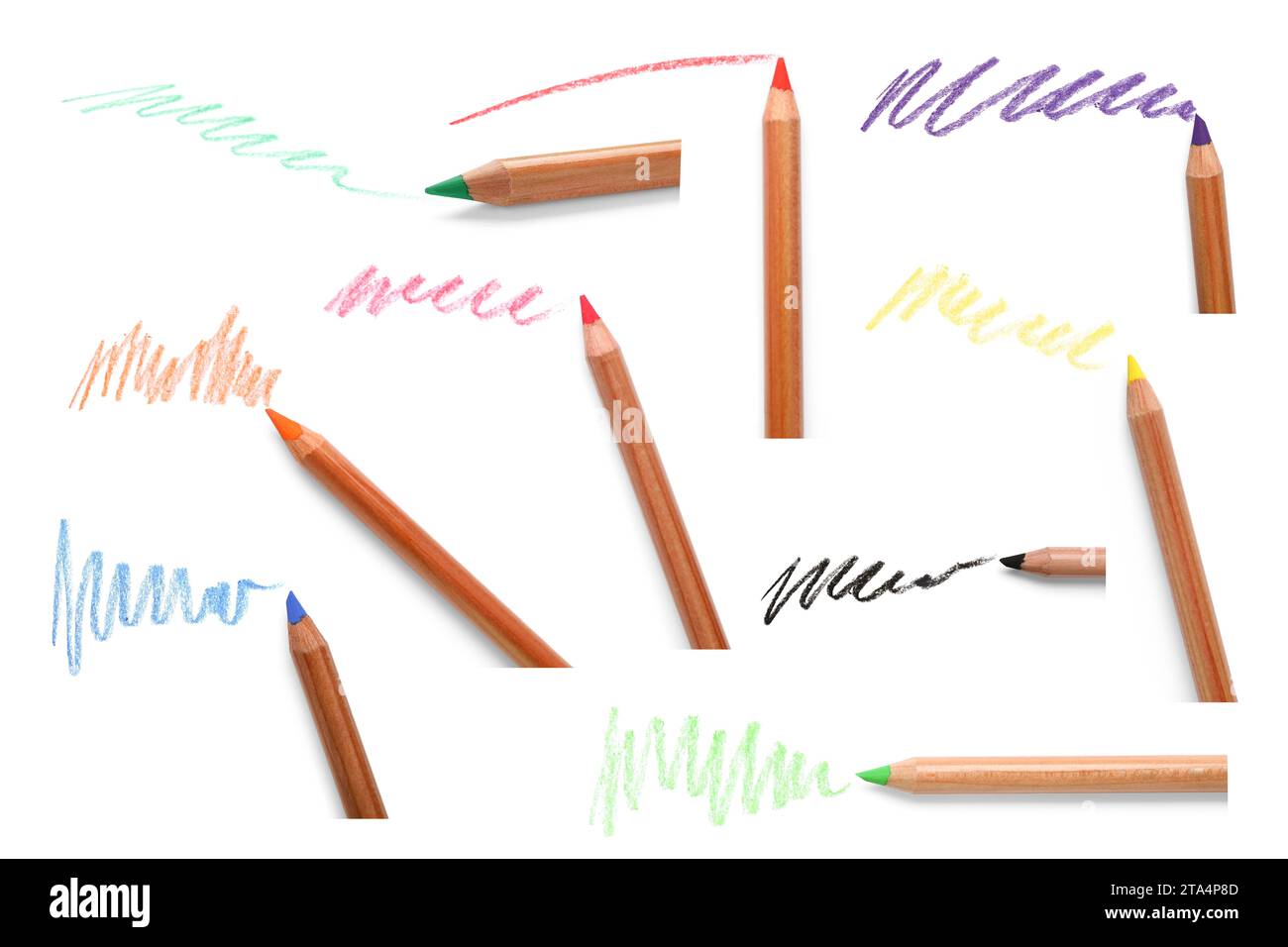 Crayons pastel colorés et grillades sur fond blanc, ensemble. Fourniture de dessin Banque D'Images