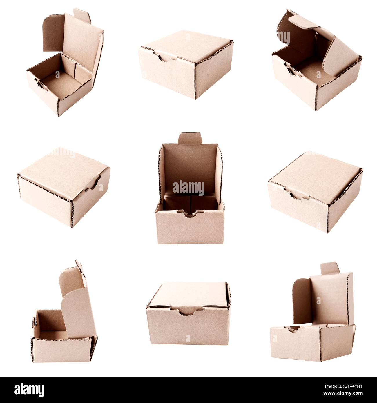 Un ensemble de boîtes en carton isolées sur un fond blanc. Longueur 10cm x largeur 10cm x hauteur 5cm Banque D'Images