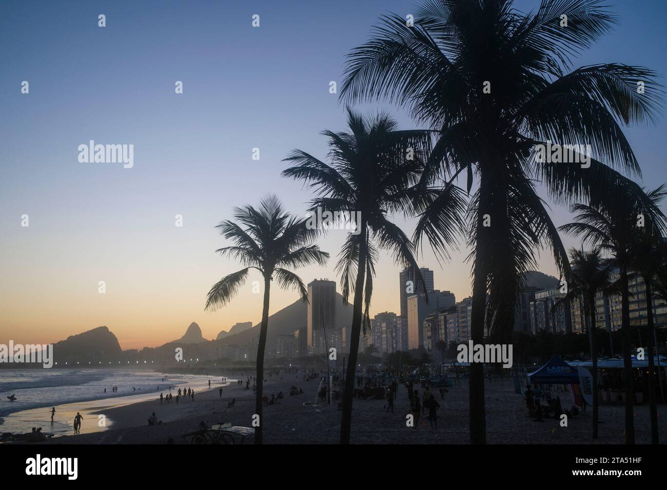 Leme et la plage de Copacabana au coucher du soleil, vue à travers les cocotiers, Rio de Janeiro, Brésil. Banque D'Images