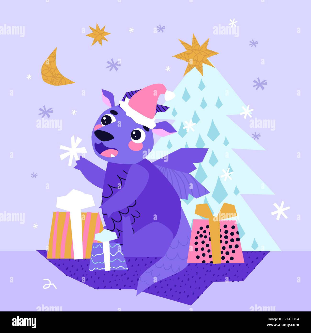 Cadeaux d'emballage Dragon. Saison des cadeaux. Décembre. Noël d'hiver. Chapeau de Père Noël. Bonne année. Illustration de Vecteur