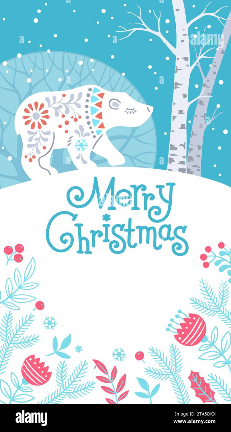 Bannière verticale Winter Forest Animal avec texte Joyeux Noël. Silhouette dessinée à la main d'ours polaire dans le style folklorique scandinave à motifs Illustration de Vecteur
