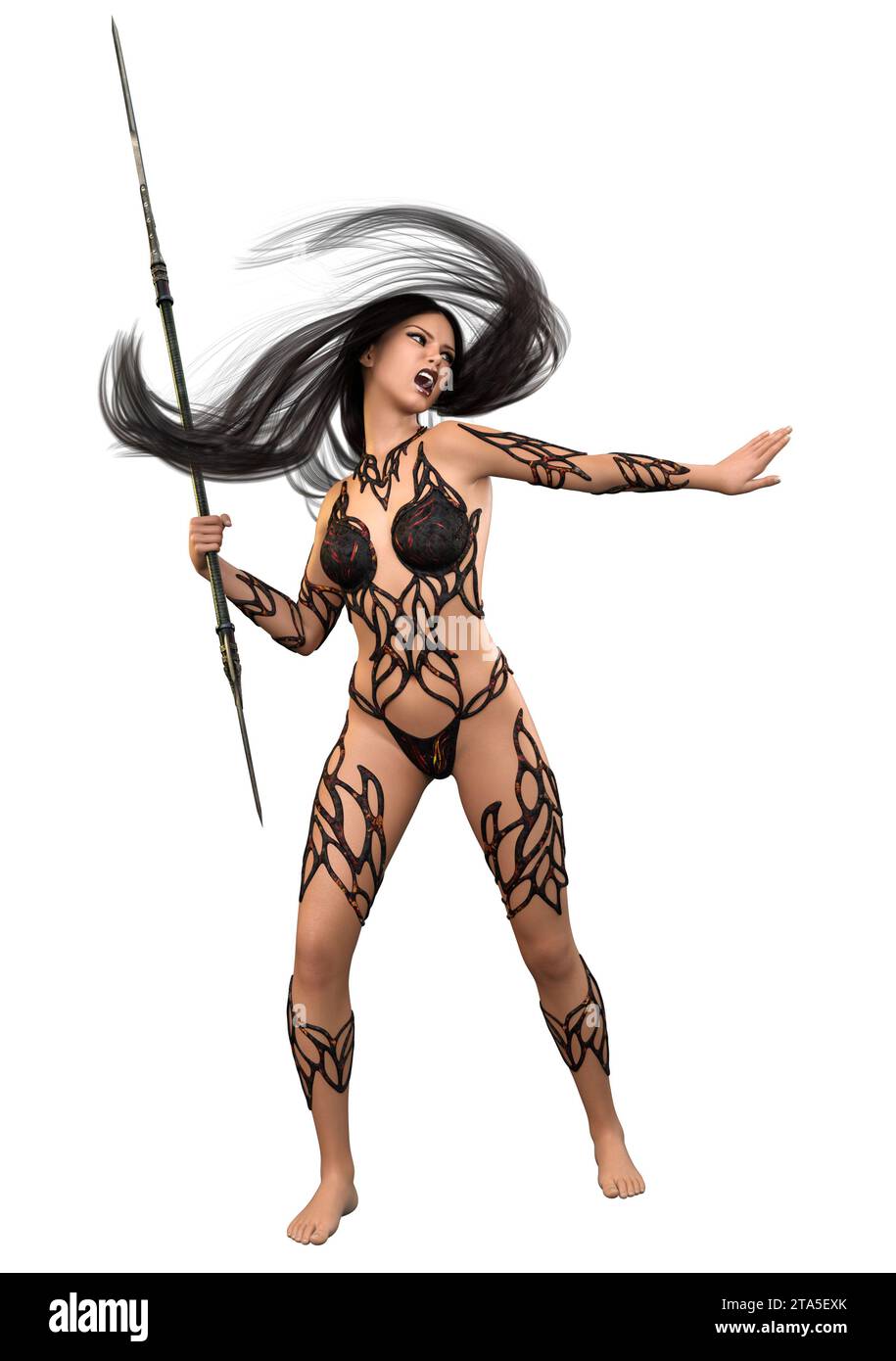 Guerrier fantastique féminin avec de longs cheveux noirs, Illustration 3D. Banque D'Images