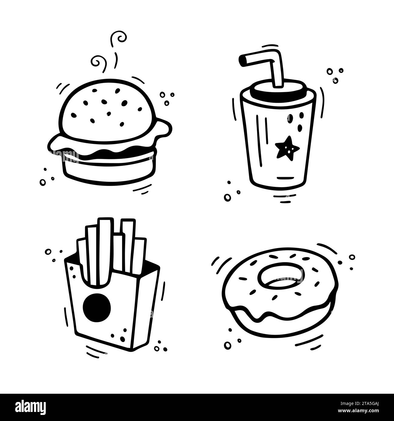 Ensemble d'icônes de restauration rapide - Burger, frites, tasse en papier avec boisson, tarte, beignet. Combinaison de fast-food tirée à la main. Style de croquis de doodle comique. Vecteur illu Illustration de Vecteur