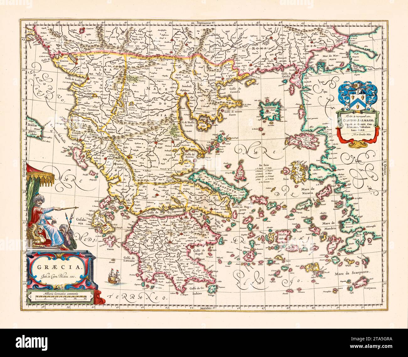 Ancienne carte si Grèce. Par Blaeu, publ. À Amsterdam, ca. 1650 Banque D'Images
