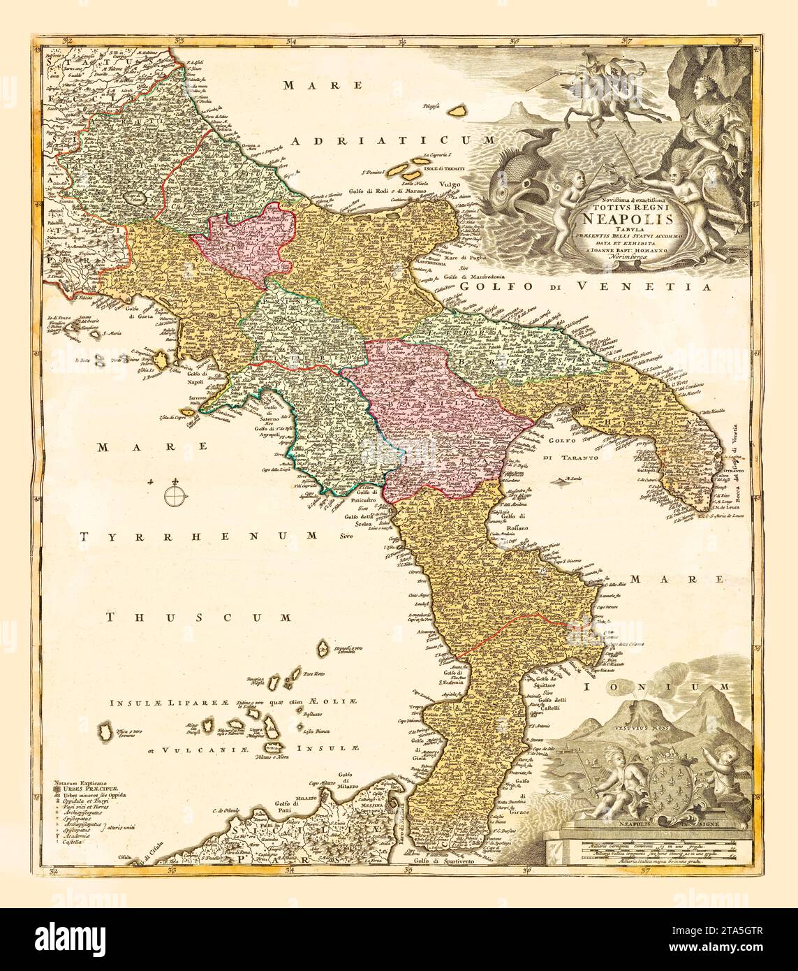 Ancienne carte du Royaume de Naples, Italie. Par Homann, publ. À Nuremberg, ca. 1760 Banque D'Images