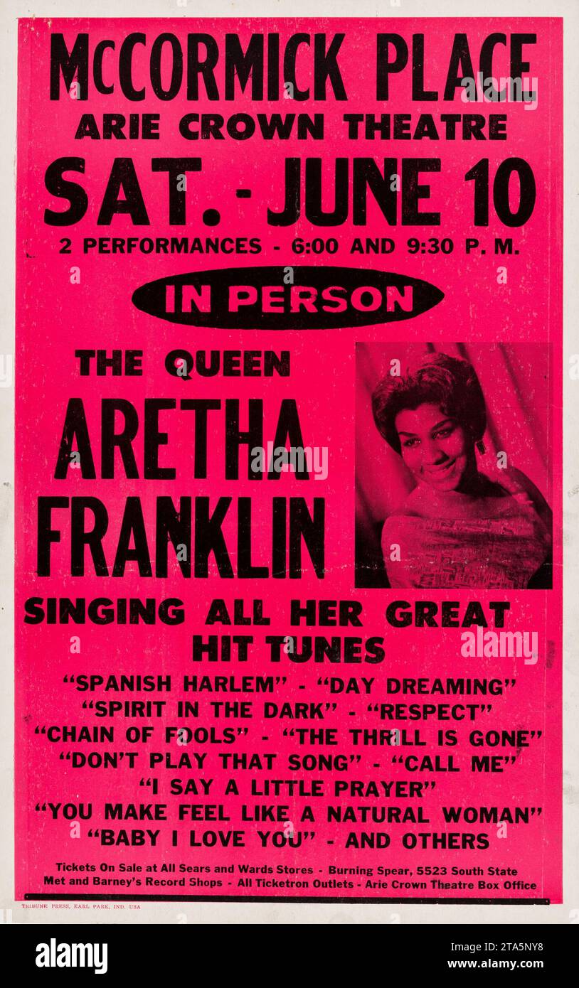 Aretha Franklin - 1972 McCormick place, Arie Crown Theatre, Chicago, Illinois affiche de concert d'époque Banque D'Images