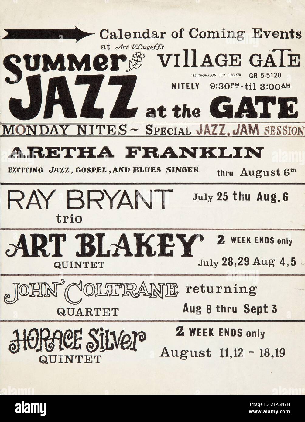 JAZZ À LA PORTE - Aretha Franklin - John Coltrane 1961 Greenwich Village concert Handbill Banque D'Images