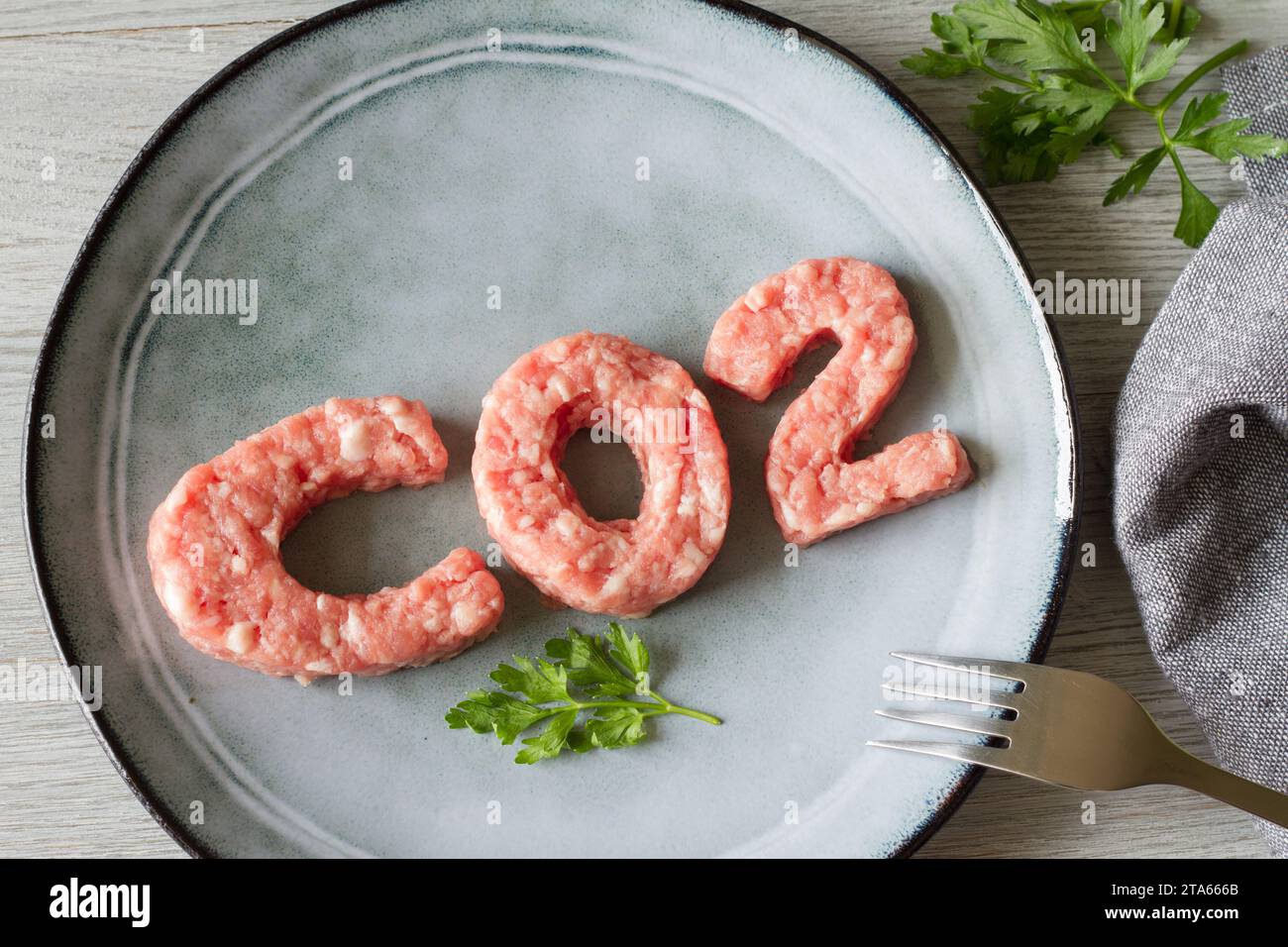 Concept d'empreinte carbone, consommation de viande et émissions de CO2, viande sur plaque en forme de co2, captage Banque D'Images