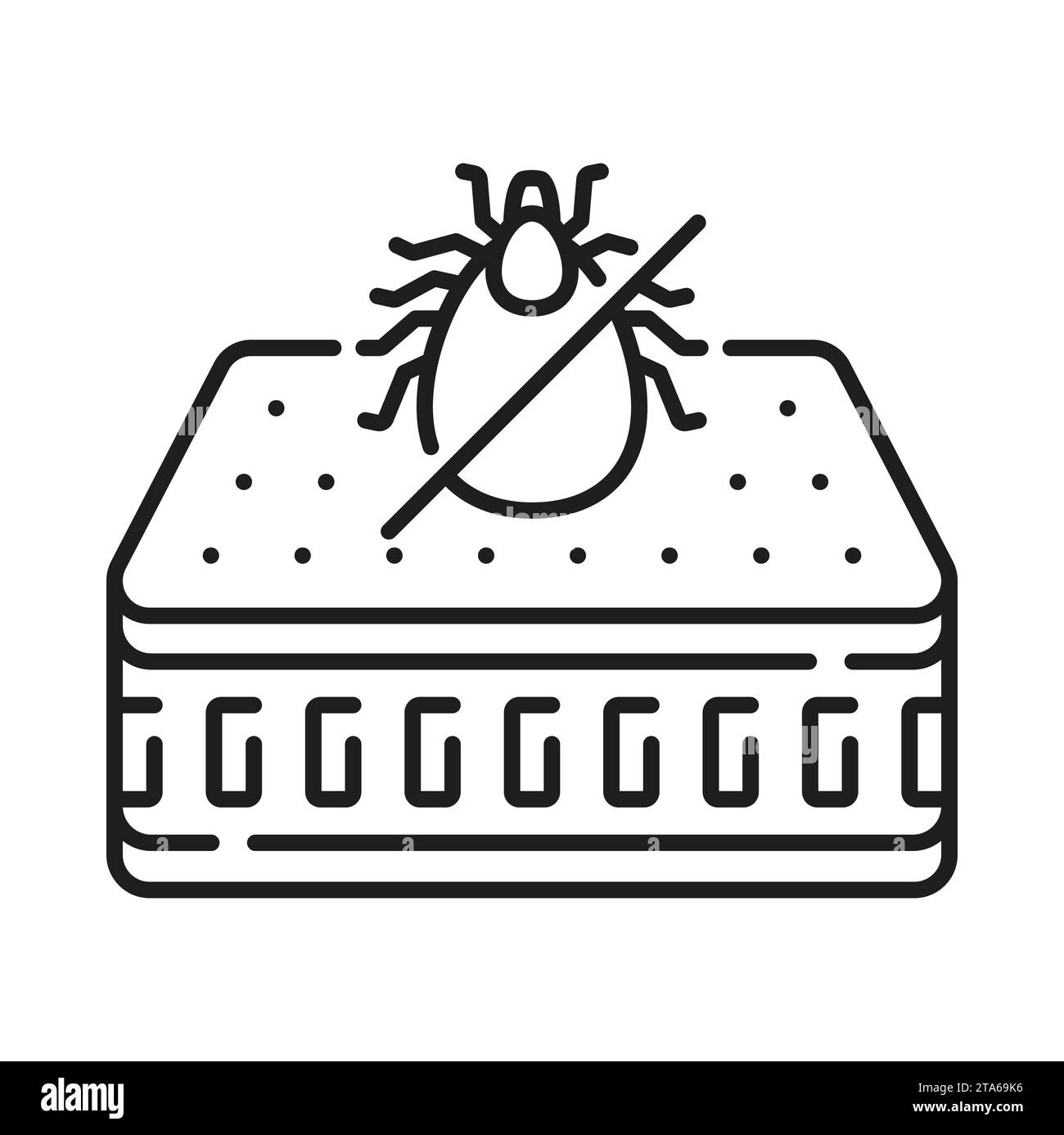 Matelas de mémoire orthopédique de lit avec désinfection parasitaire d'allergie parasitaire, icône de contour isolé d'acarien croisé. Matelas Vector avec insecte acarien Illustration de Vecteur