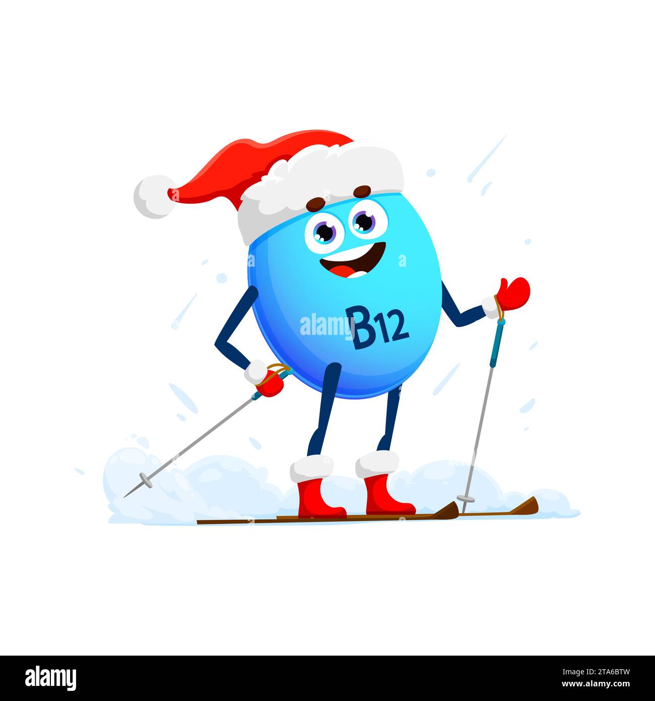 Personnage de vitamine B12 de dessin animé de Noël sur le ski pour les vacances d'hiver, pilule de micronutriments de vecteur. Bonne vitamine B12 saine dans le chapeau de Santa sur le ski de sport d'hiver dans la neige pour Noël ou nouvel an emoji Illustration de Vecteur