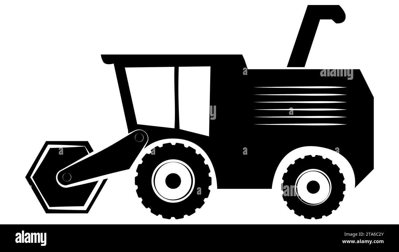 Un ensemble de silhouettes de machines agricoles isolées sur fond blanc. Moissonneuse-batteuse et tracteur avec remorque. Clipart vectoriel. Illustration de Vecteur
