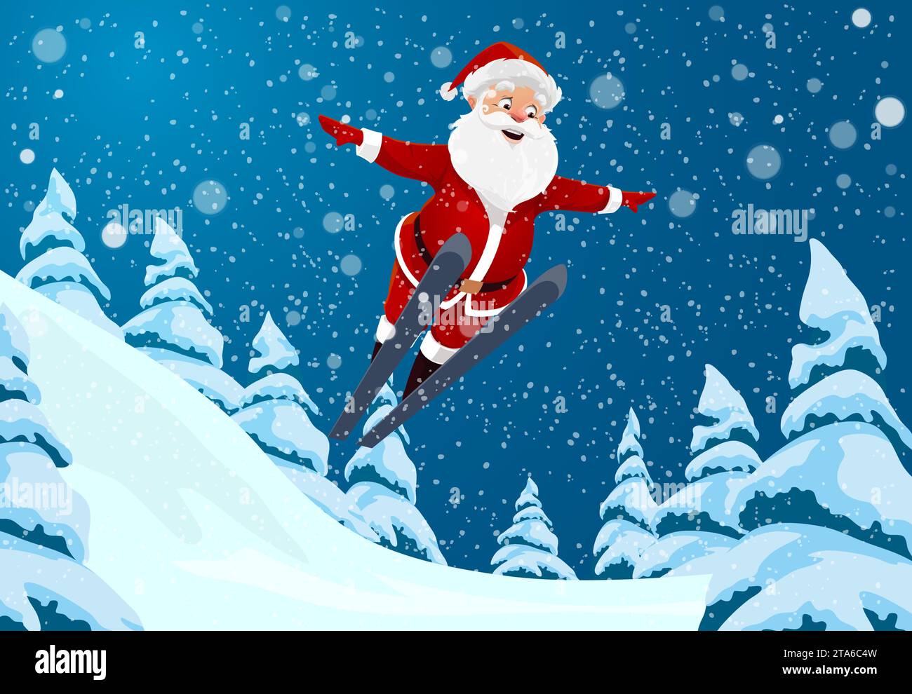 Le Père Noël saute du tremplin avec le ski volant au-dessus de la forêt d'hiver dans la neige, fond de vecteur de dessin animé de vacances. Noël et nouvel an carte de voeux de vacances d'hiver avec Santa ski et saut Illustration de Vecteur