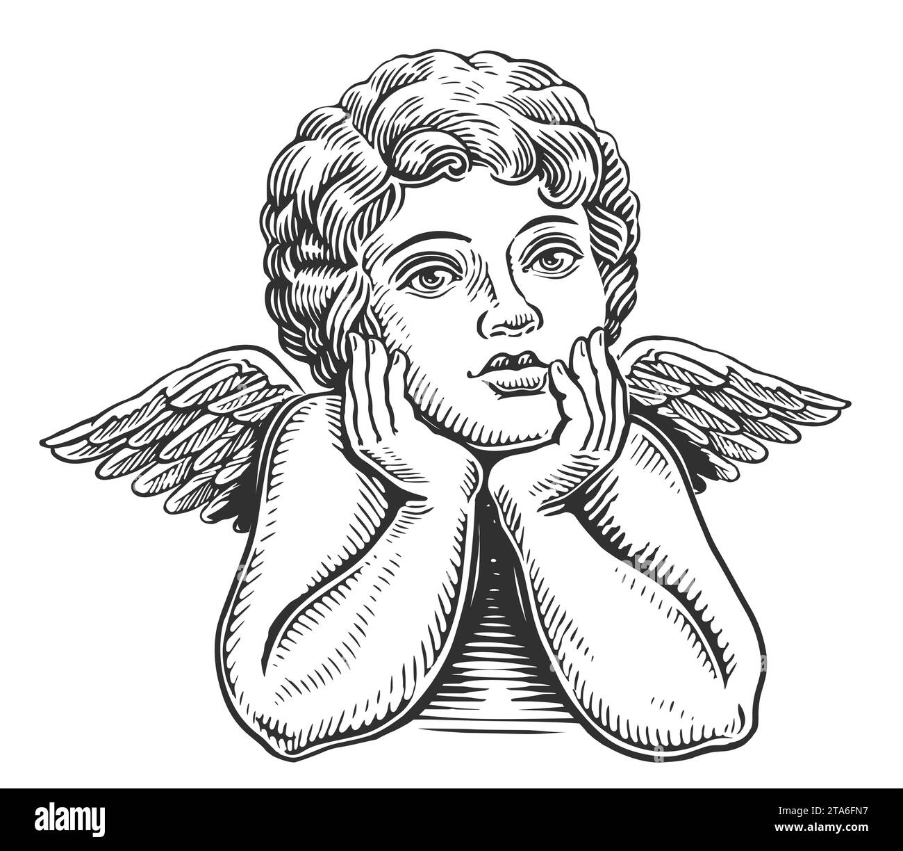 Ange enfant avec des ailes. Croquis de Cherub ou Cupidon. Style de gravure d'illustration dessinée à la main Banque D'Images