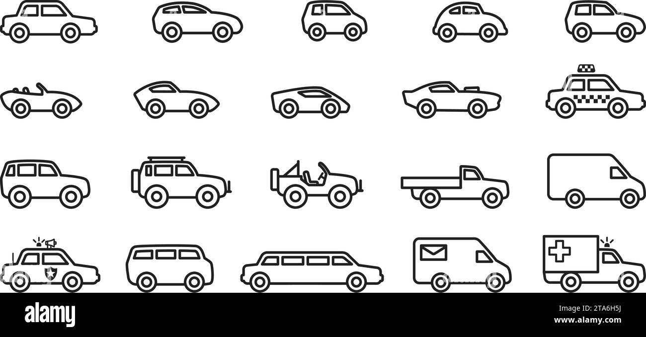 divers véhicule de voiture civile simple contour de ligne silhouette vue latérale set vecteur de symbole d'icône sur fond transparent Illustration de Vecteur