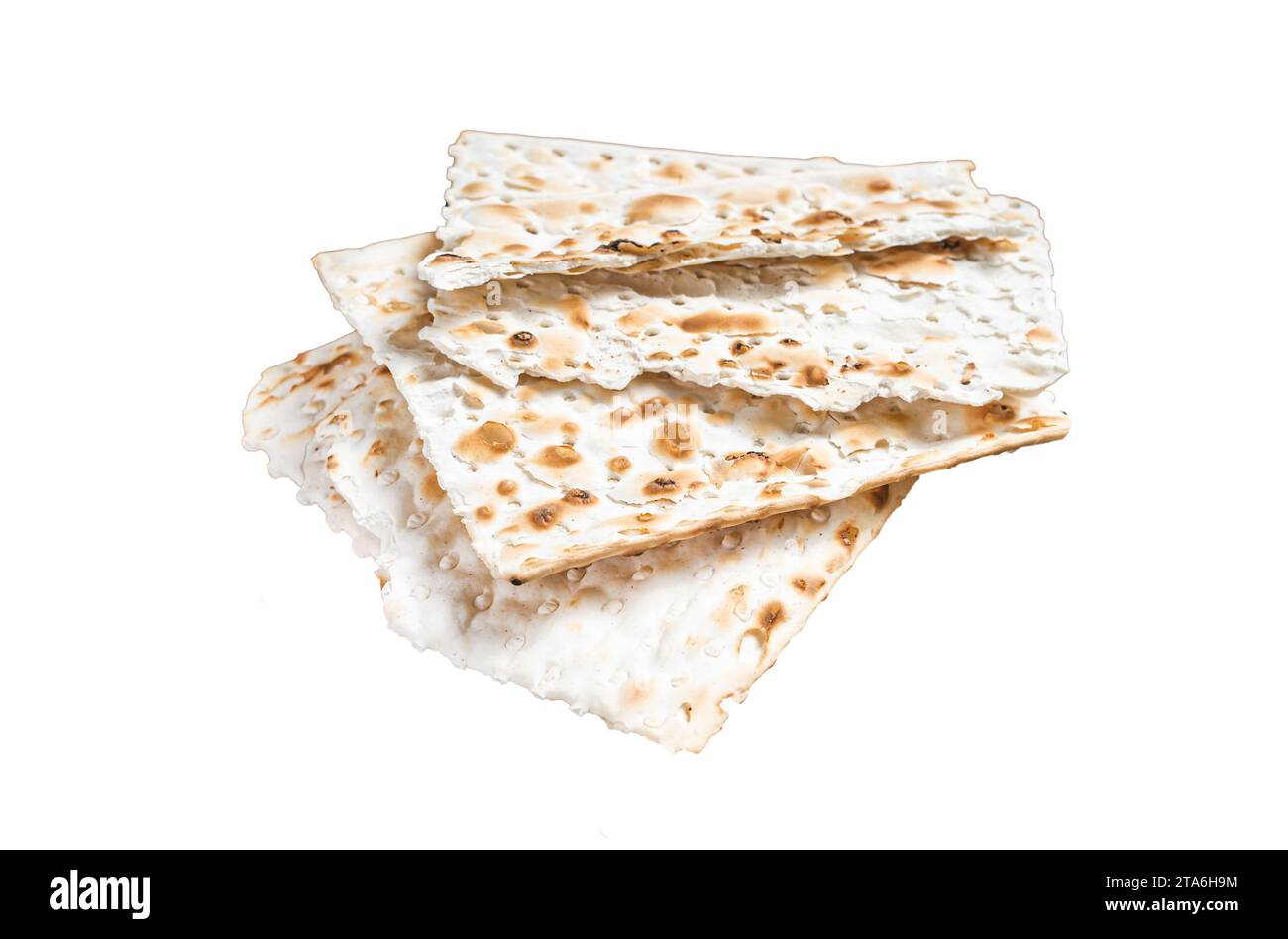 Concept Happy Passover, matzah sur une planche de bois. Isolé, fond blanc Banque D'Images