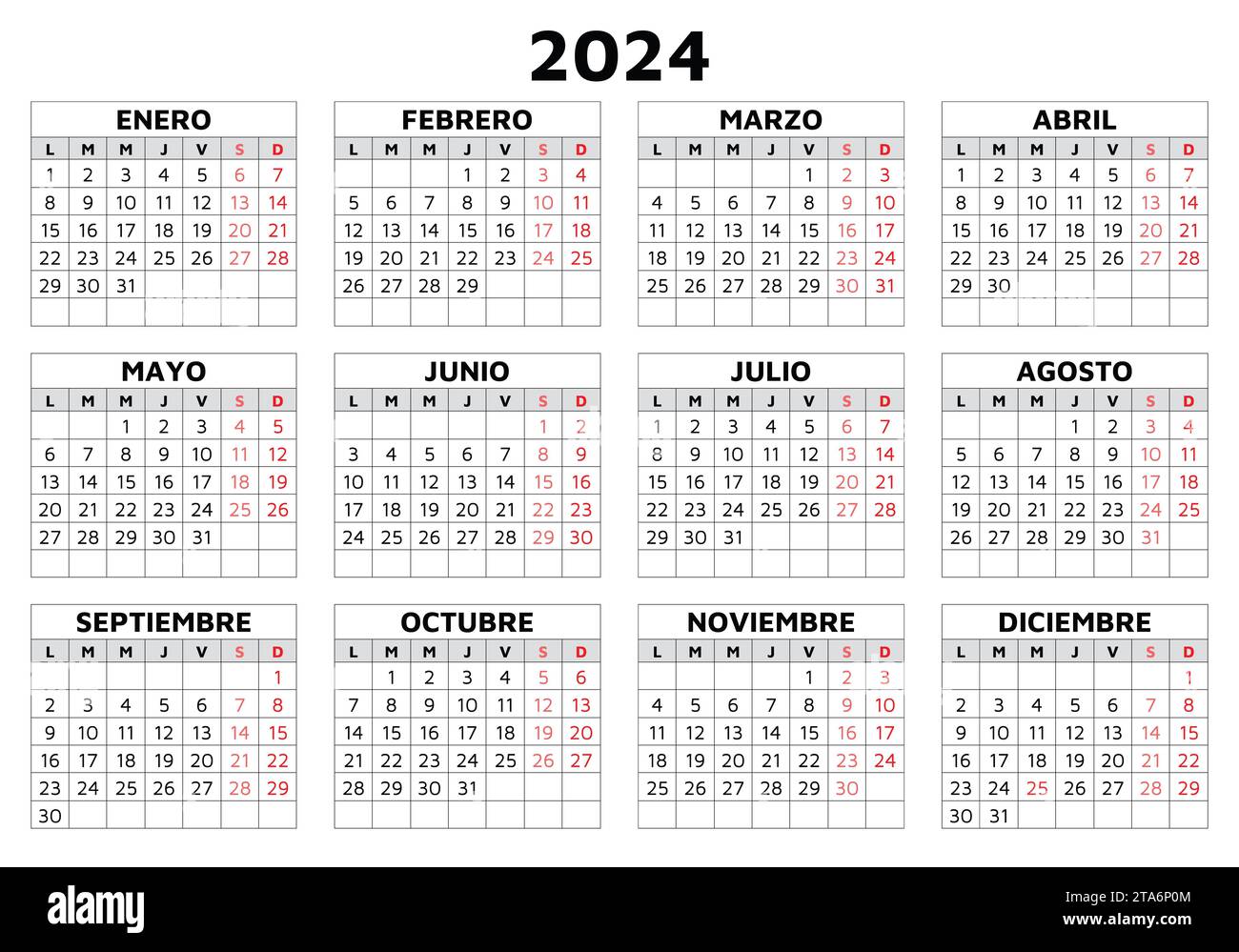 calendrier espagnol 2024. Modèle vectoriel imprimable simple avec