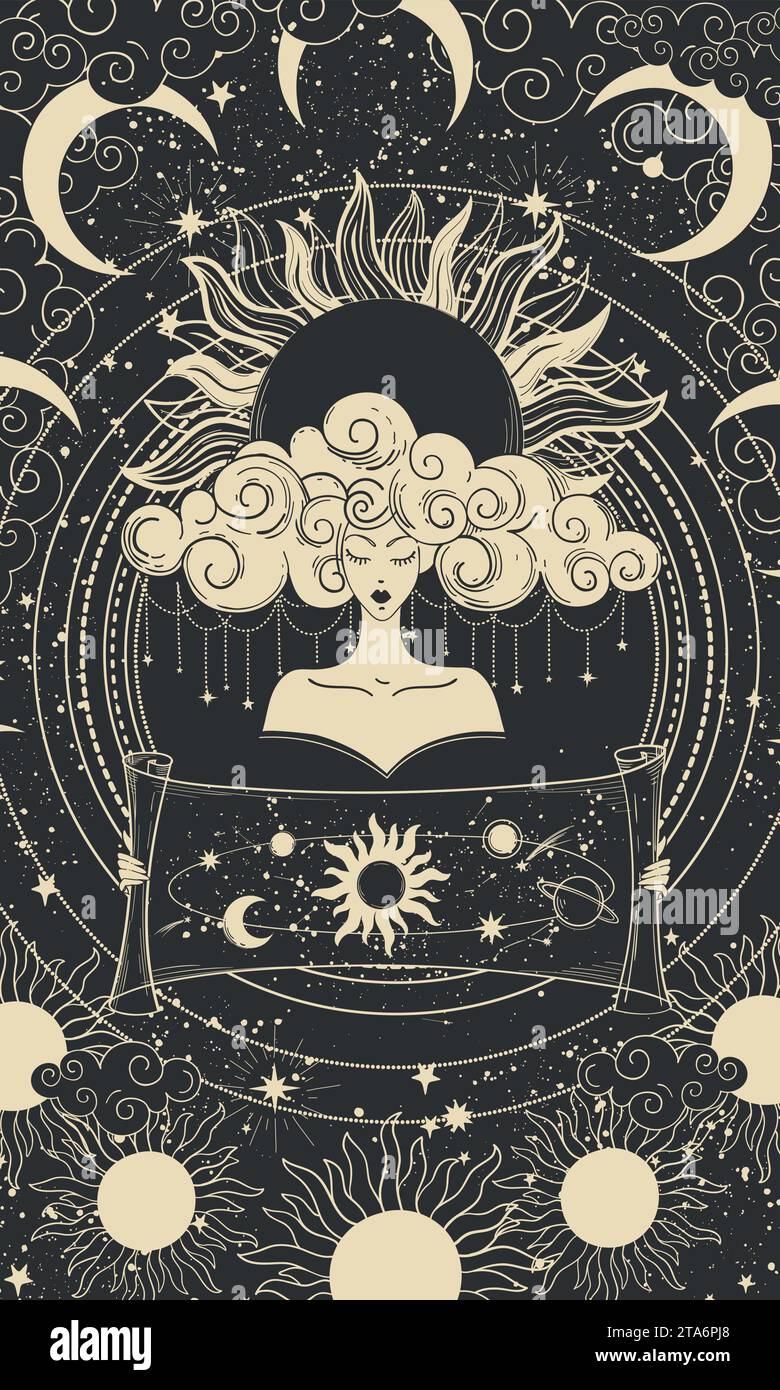 Carte de tarot mystique avec femme, lune et étoiles sur fond noir, affiche sacrée d'astrologie magique. Illustration vectorielle dessinée à la main Illustration de Vecteur