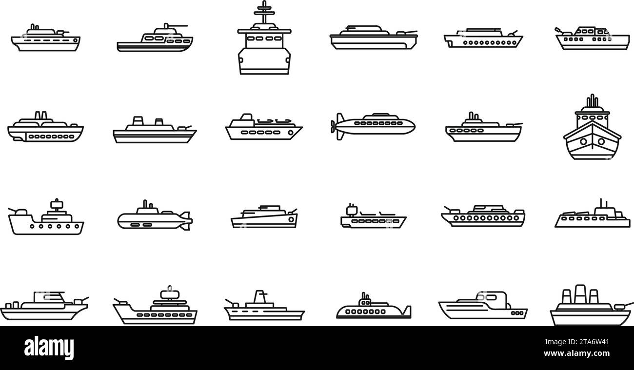 Les icônes de navire de guerre définissent le vecteur de contour. Porte-avions. Bateau de guerre militaire Illustration de Vecteur