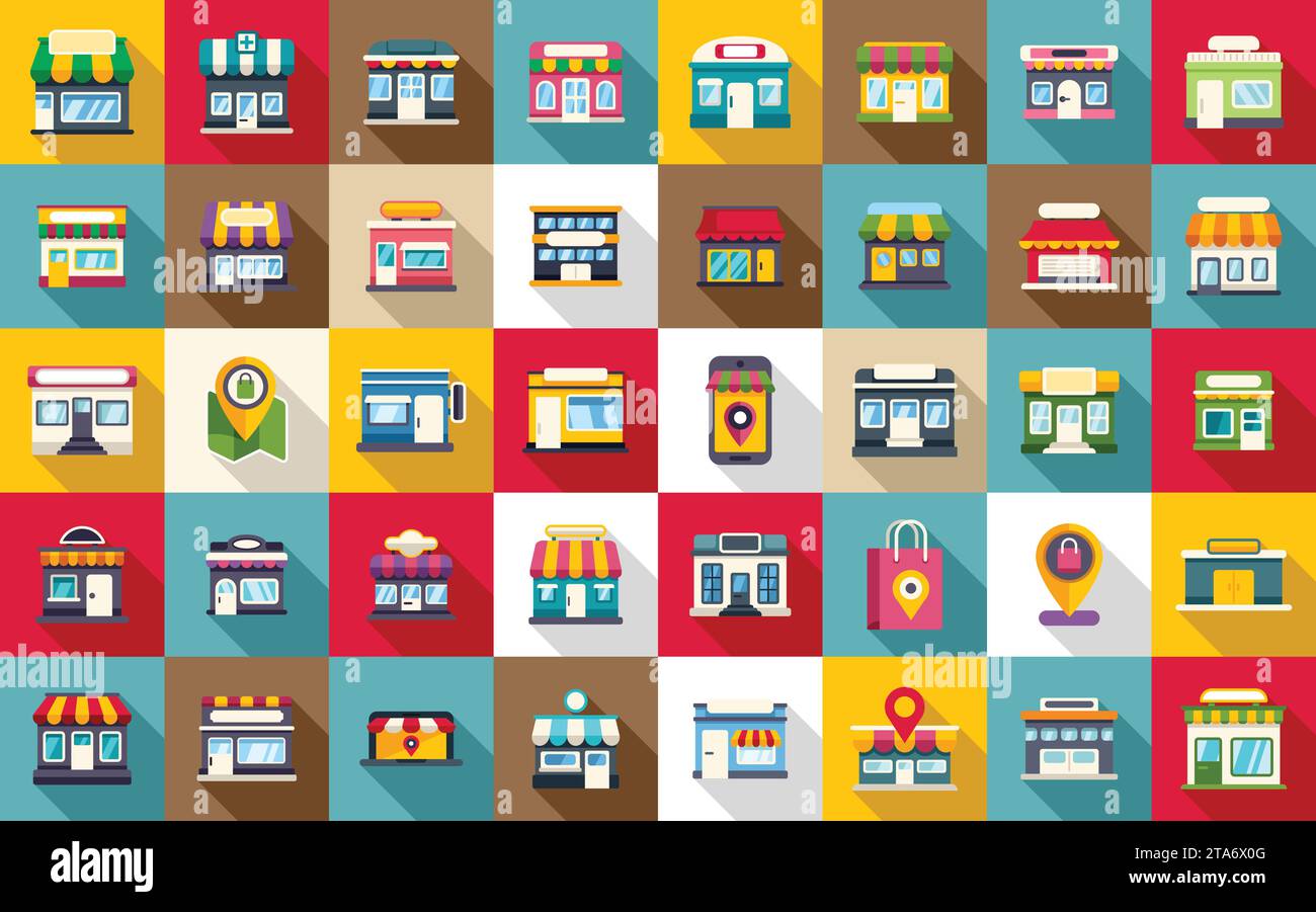 Icônes de magasin local définir le vecteur plat. Rue de la ville du magasin. Boutique café Illustration de Vecteur