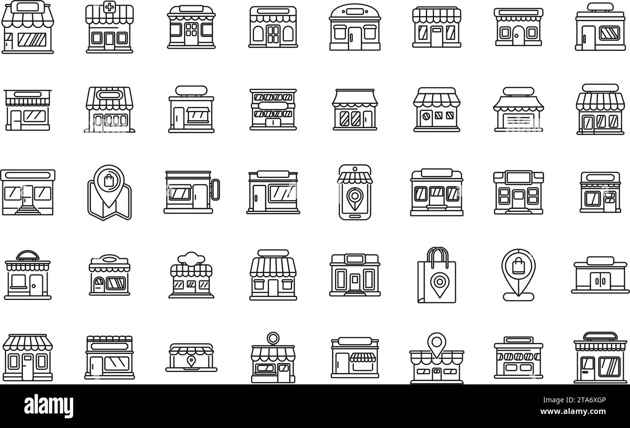 Les icônes de magasin local définissent le vecteur de contour. Rue de la ville du magasin. Boutique café Illustration de Vecteur
