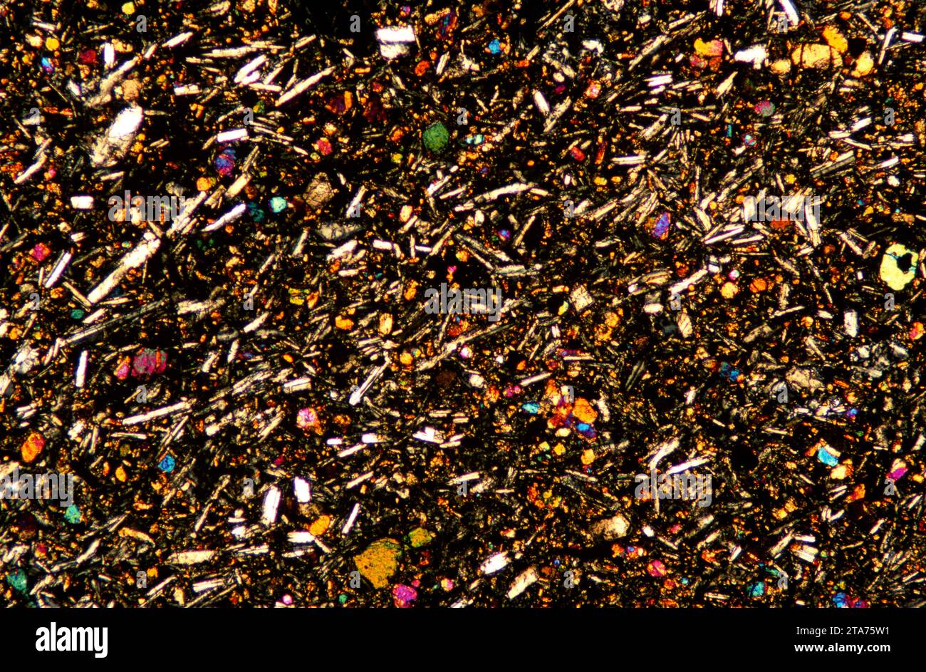 Le basalte est une roche extrusive ignée. Photomicrographe, section mince, lumière polarisée. Banque D'Images