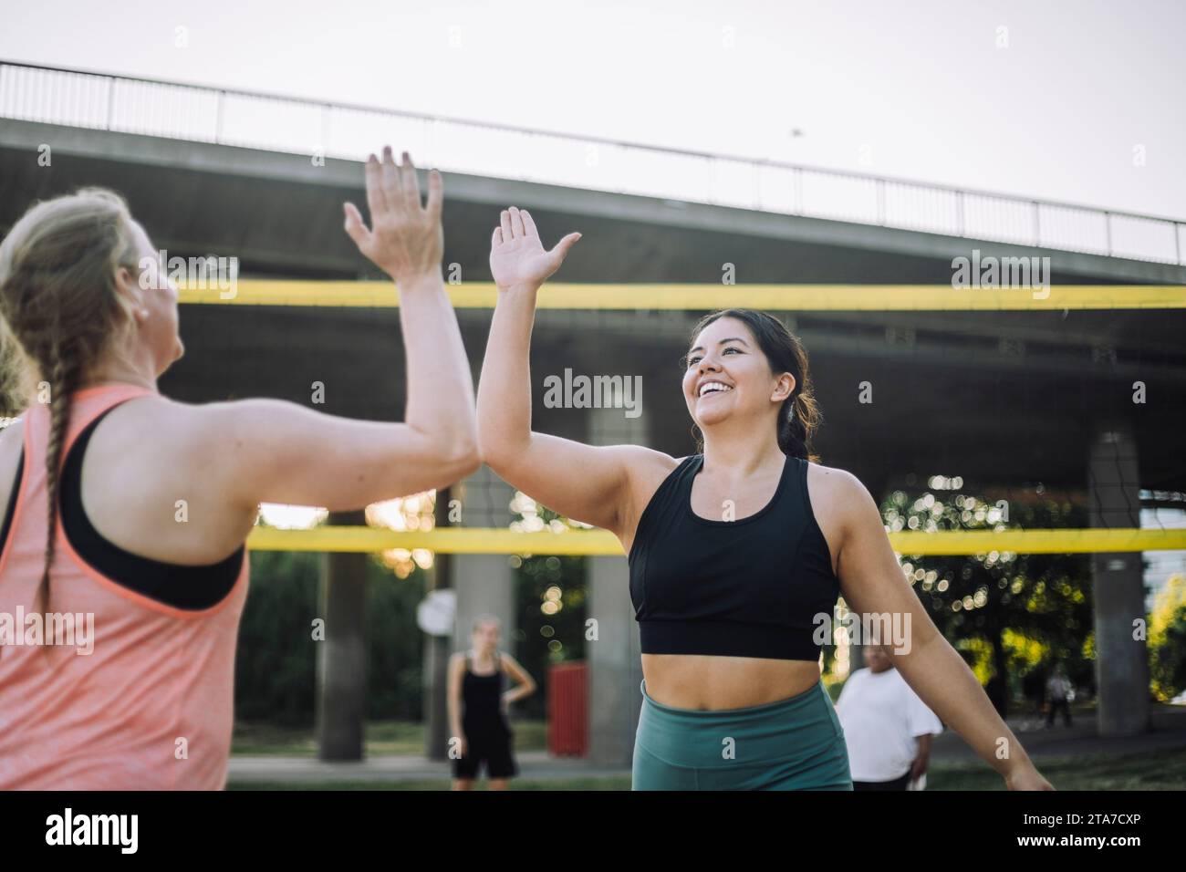 Heureuse amie femme donnant high-five pendant le match de volley-ball Banque D'Images